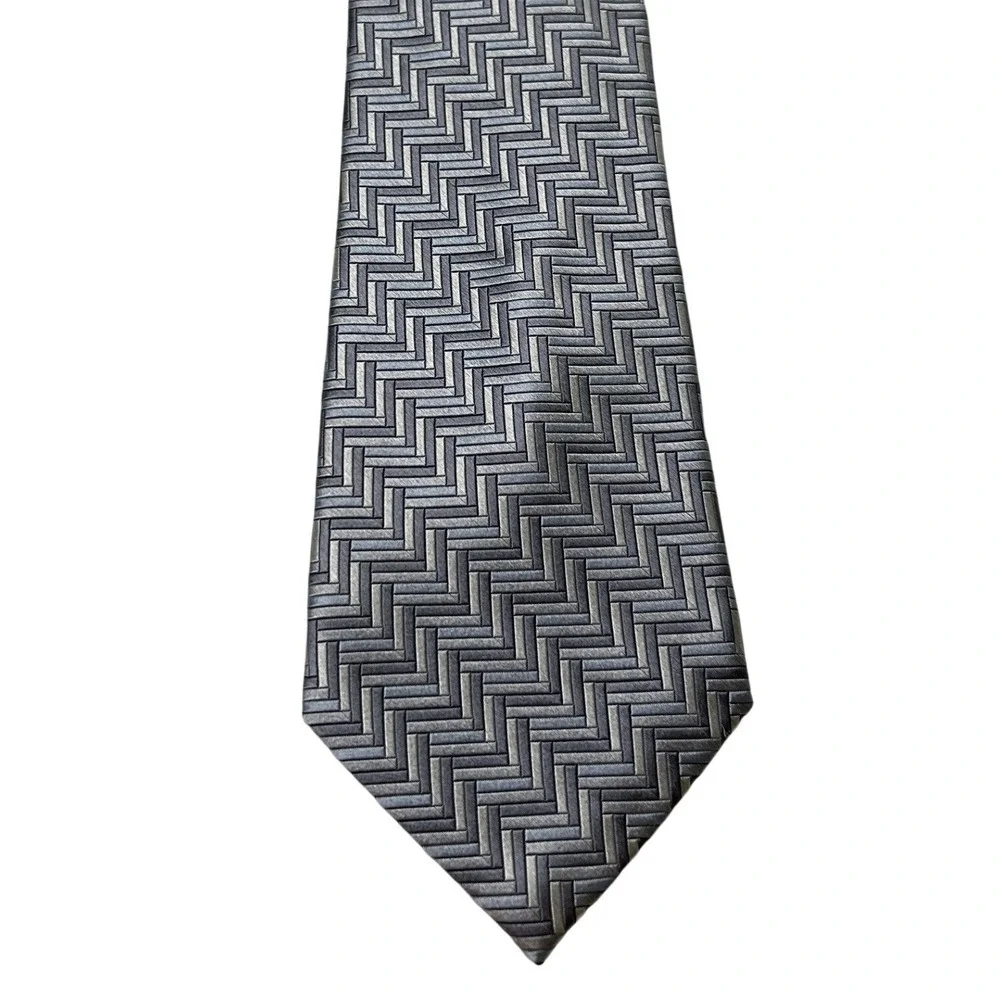 Cezani Mens Silk Woven Basketweave Geometric Necktie OS Grey Silver Business